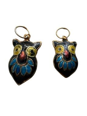 Vintage Chinese Cloisonné Owl Charms - Set of 2 Black & Blue Enamel Bird Pendant
